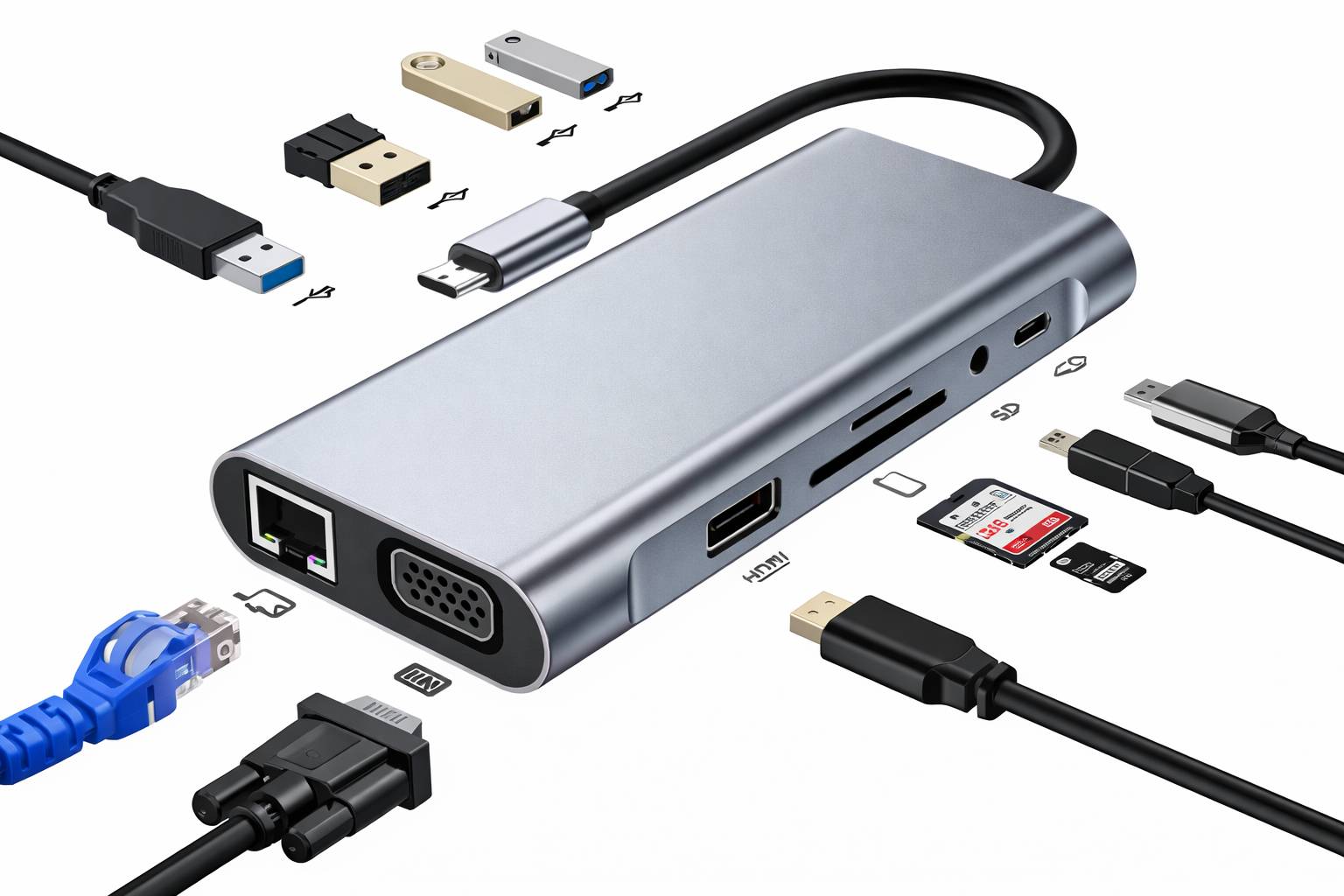 Hub USB-C, adaptateur USB-C 11 en 1 avec HDMI 4K, VGA, USB-C PD, USB 3.0, Ethernet RJ45, lecteur de cartes SD/TF, entrée auxiliaire 3,5 mm, station d'accueil compatible avec MacBook Pro/Air et autres ordinateurs portables USB-C
